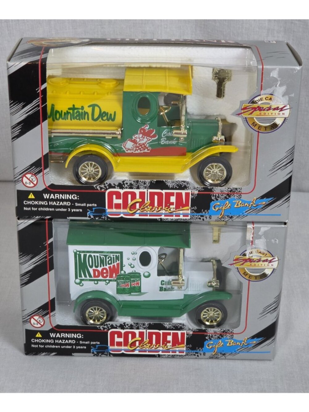 Vtg 2 Mt. Dew Coin Banks Delivery Truck Die Cast Collectible Bank NEW Novelty
